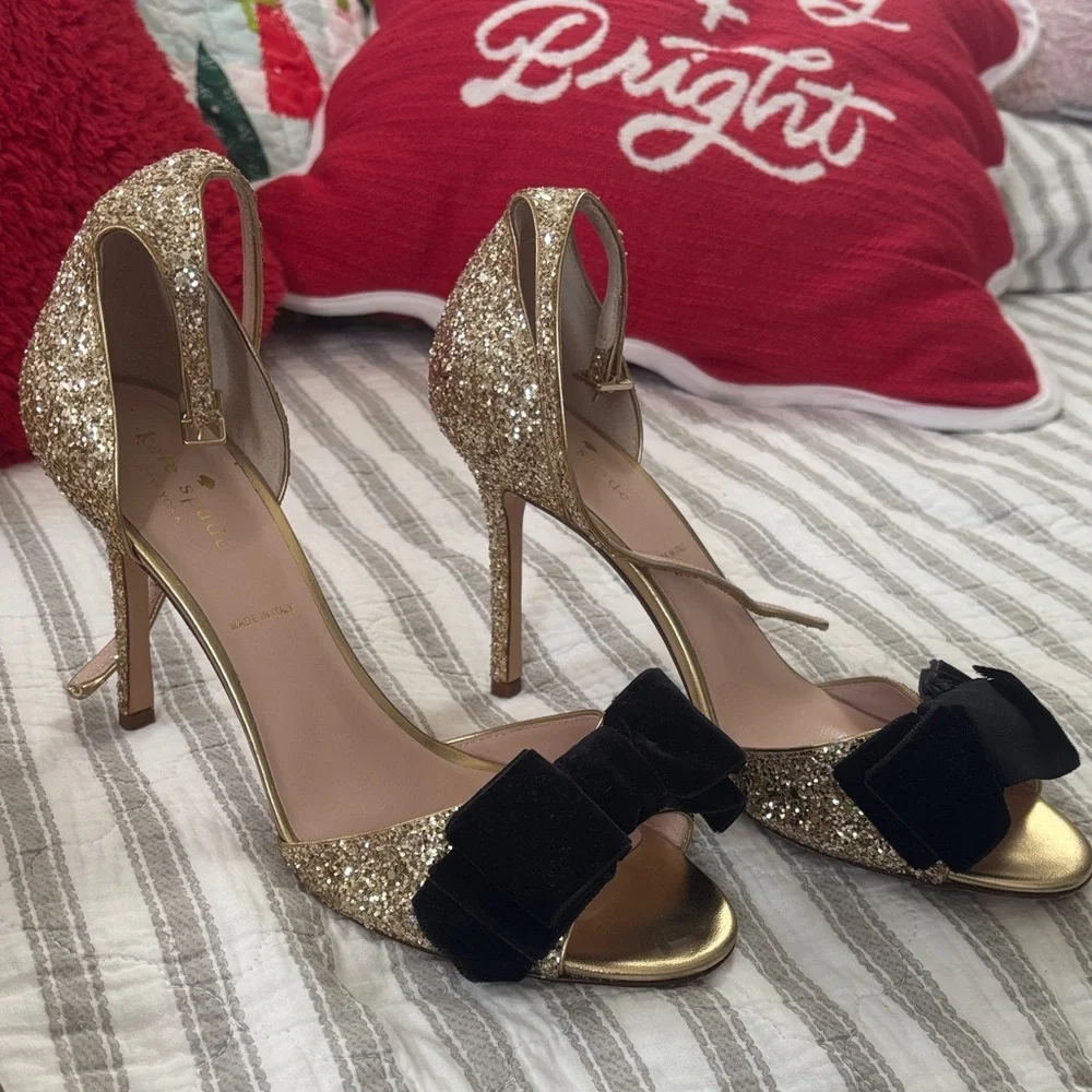 Rare Kate Spade Irwin Gold Glitter Black Velvet Bow Heels - Size 9, Never Worn